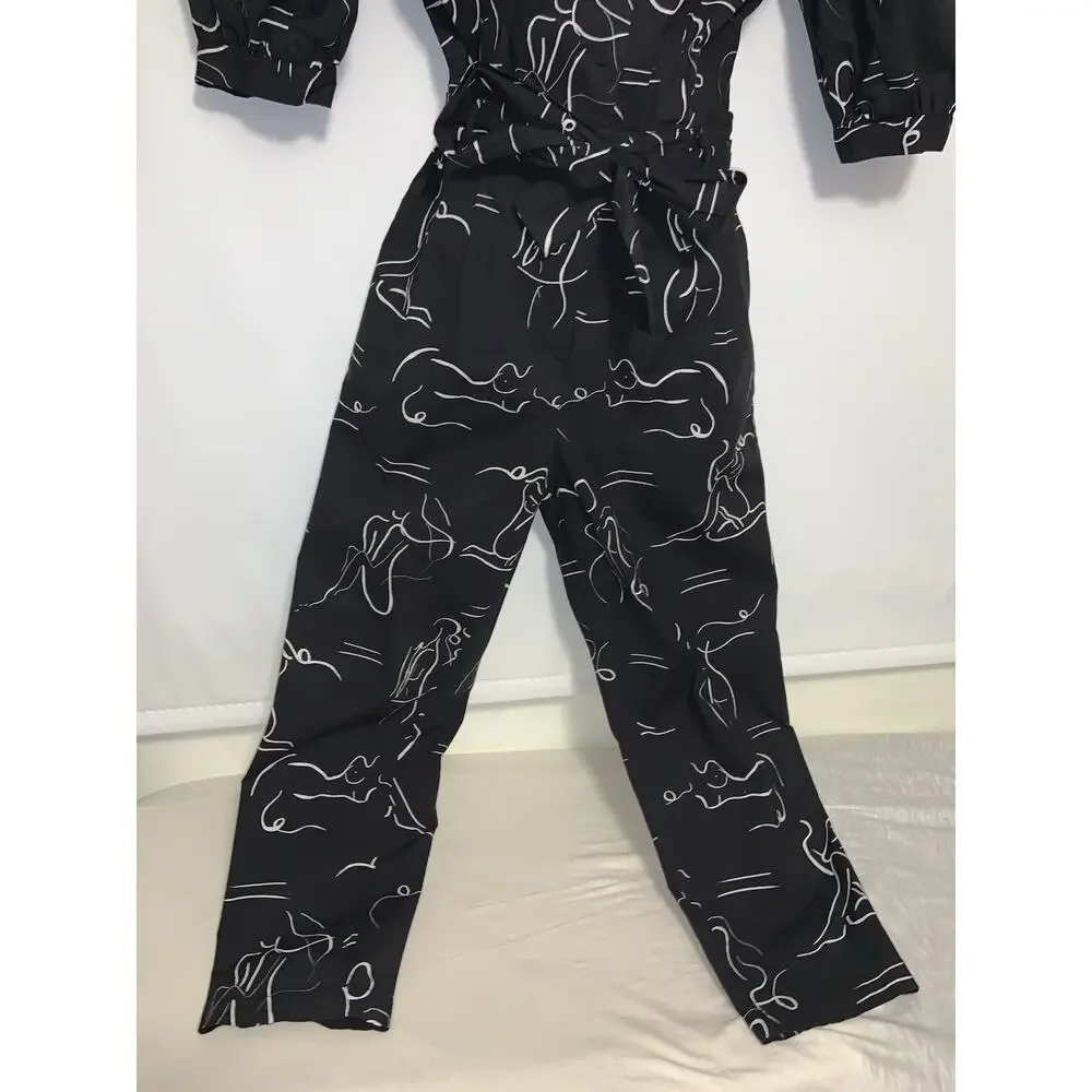 LHD Black Women’s Sz 8 All Over Ladies Figure Graphic Print Puff Sleeve Jumpsuit - Picture 4 of 8